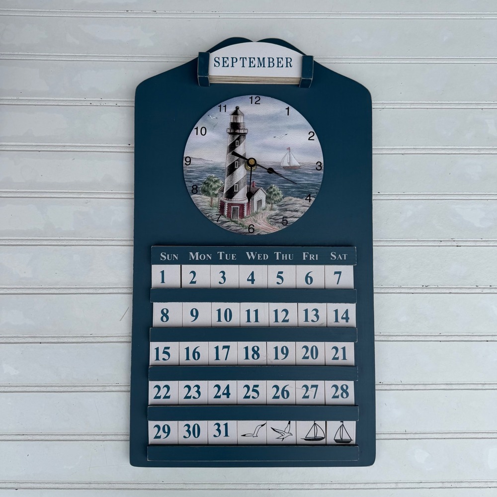Nautical Wooden Wall Clock Perpetual Calendar Lighthouse Sailboat Blue Decor
